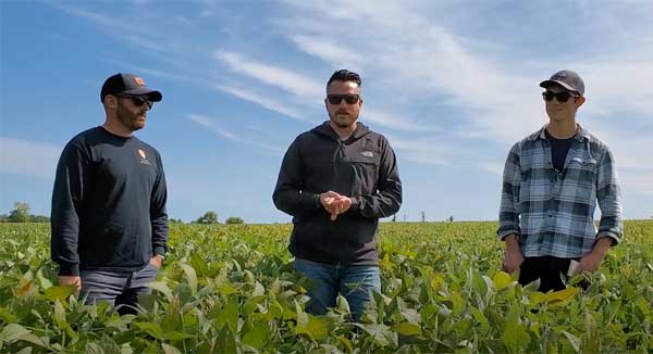 Three men standing in a green field with a blue sky above