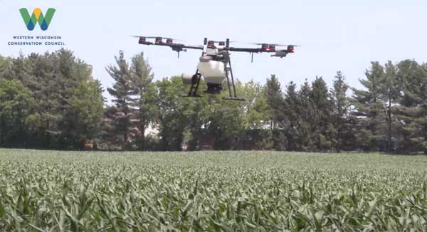 Drone flying over crop field