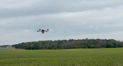 Drone flying over a farm field