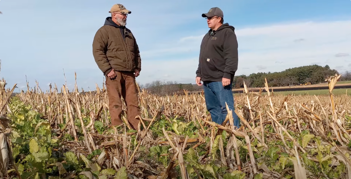 Two men talking in a farm field